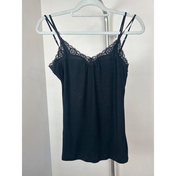 Express Black Stretch Lace Trim Cami Tank Top Double Strap Layering Small - Picture 1 of 5